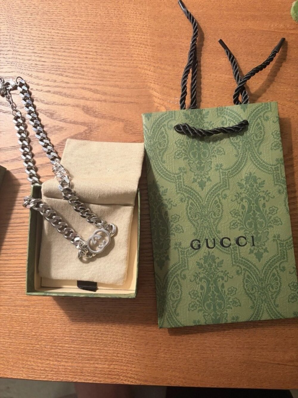 Gucci Silver Chain Necklace With Box And Bag